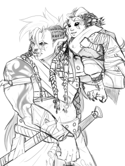 Fiddling around with Brutaak’s hair (cuz Mohawks are MMMM NICE) and I wanted to draw out her and @spatialheather‘s character Alula’s (Ranger shifter who is still a child) interactions because Brutaak has a huge soft spot for children and she one