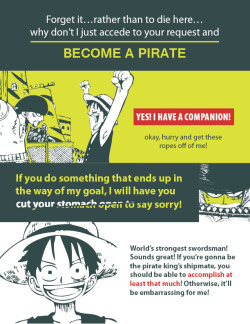 sea-train:Luffy and Zoro (chapters 5, 6, 51, 52, 333, 438, 485, 678)For mugiwara-no-crew. Happy Valentine’s day!!! :D I thought I would give you some captain and first mate moments~