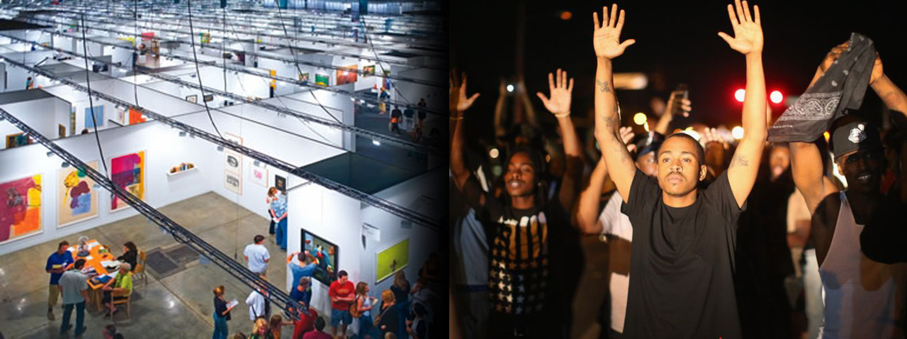 The opening of Art Basel in Miami (Left) and a photo from the Ferguson protests (Right).