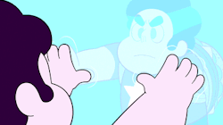 theacenightwatch:  artemispanthar:  Steven vs Ocean Steven in “Ocean Gem”  #i love that stevens gem activates through love#he loved cookie cat and its taste so his gem began to glow#he loves his father and wanting the fighting to end caused his shield