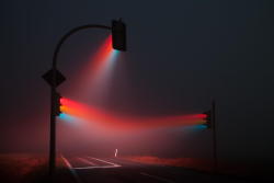 iraffiruse:  Long exposure, 3 traffic lights in the fog. 