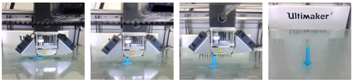 4-panel image of a 3D printer printing a blue cylinder 