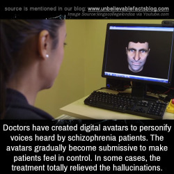 fumbledeegrumble:  unbelievable-facts:  Doctors have created digital avatars to personify voices heard by schizophrenia patients. The avatars gradually become submissive to make patients feel in control. In some cases, the treatment totally relieved the