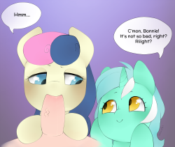A request from an anon: &ldquo;Bon Bon giving a blowjob to a human with an aroused yet unamused face with Lyra at her side saying to her &lsquo;come on, it&rsquo;s not that bad after all&rsquo; or something like that.&rdquo;Thank you for the suggestion!