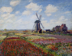 artist-monet:  Fields of Tulip With The Rijnsburg Windmill, 1886, Claude Monet