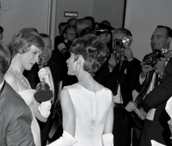 dame-julie:  Julie Andrews—an Oscar winner for Mary Poppins—and Audrey Hepburn backstage at the 37th Academy Awards, April 5, 1965.
