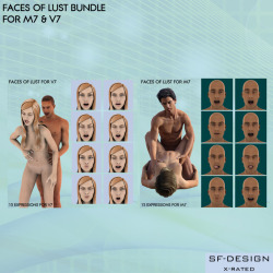 SFD has just released a fantastic new bundle for all your lusty V7 and M7′s that lacking that certain lust in their expressions! 2 products at a discounted price! Works with Daz Studio 4.8 and up aaaaaaand save 38%!Faces Of Lust Bundle For M7 And V7http:/