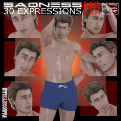 Sadness  is composed of 30 one click expressions for M8 and G8M. It is also  composed of 30 morph sliders that can be manipulated depending on  preference for more subtle expressions. Files for DAZ Studio 4.9 and up  are included in this set. 37% off