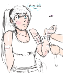 jo3mm:  idk some au where weiss is some sorta researcher and blake is her assisstant sorta and weiss fucks up her hand and then blake bandagesitupandthenmushhasthisbeendonealreadyor