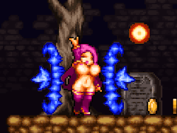 Busty succubus with big tits using her oppai hentai powers to blast magic in a dungeon in an animated gif from the scrolling hentai sex game Succubus.