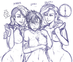 kyhuafterdark:   stream sketches of the OT3 girlfriends!:   my OC Nadia, Niko’s Dani, and Owler’s Howler &lt;3  oh how I wish I was part of this group &gt; n&lt;.