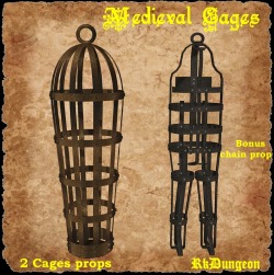Two medieval cages prop for your scenes. BONUS: One chain prop to be used to hang the cages or any other use Product Requirements and Compatibility: Poser 4  Daz Studio 4.7 with texture adjustments http://renderoti.ca/Medieval-Cages