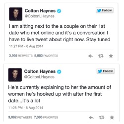 jillypups:lillymash:So Colton Haynes live tweeted this couple’s awkward first date and I didn’t think I could love him any more than I already do but boy was I wrongWhy am I so invested