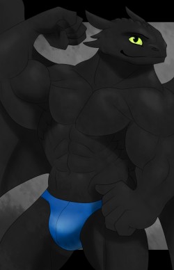 I got this commision from MarselDefender on Furaffinity. Toothless all buffed and anthro rocking a pair of swimbriefs.  Goodness Toothless if I was your trainer I would never have you wear pants again!
