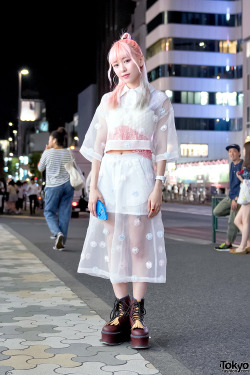 tokyo-fashion:  Eva Cheung on the street in Harajuku wearing a sheer and bows look by Jenny Fax (from Wall Harajuku) with Pameo Pose platforms and a Pinkland x Candies iPhone case. Full Look