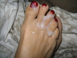 discreetcurious:  Sexy mature feet, sweet little suckable toes covered in hot creamy cum… I’d love to clean up this sweet sticky mess!  ;-P