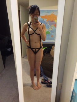 sekushipaichi: sekushipaichi: Modeling the Marla harness from Happyendingscum’s etsy *^^* I love LOVE what it does for my boobs..! @anon: this black lingerie? 