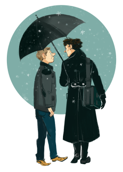 amiepsychique:  capaow ordered a print with a free sketch! Thanks! Sherlock and John taking a stroll through the snow.  Happy Solstice! 