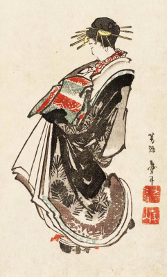 blackcoffeecinnamon:  Katsushika Taito  (active 1810-1853)  葛飾戴斗    Courtesan on Parade    遊女道中、1830′s  (detail) -full calligraphy paper- 