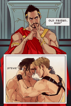 oriental-lady: Gladiator!AU Tony is patrician and Steve’s his best Champion. Once he meet his old friend Bucky and they have to fuckight Tony, dont be jealous, they ARE just friends. 