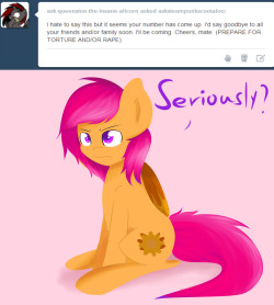 asksteampunkscootaloo:  Ok I dont mind answering silly ask’s from time to time,but this goes way too far. I do not find rape to be funny in any way shape or form and setting up my character for that, without my consent is completely disgusting.  I