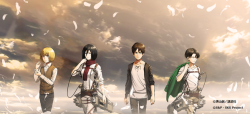 The conclusive image of the Hangeki no Tsubasa game - Armin, Mikasa, Eren, and Levi in the “Thank You” class!The in-game versions can be found here, the clean individual images here, and the stats versions here!Hangeki no Tsubasa will be missed!