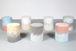 roomonfire-good-design:  New York-based AMMA Studio combine unexpected materials like sand, coffee, silica BB pellets and pink himalayan salt with cement and resin to create these stools.