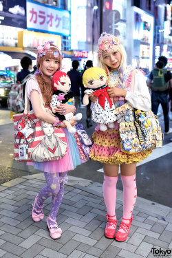 tokyo-fashion:  Well known Japanese decora girls Mepura and Creamy Sauce on the street in Harajuku. In addition to their colorful decora fashion (featuring handmade, resale, Swimmer &amp; 6%DOKIDOKI items), they also have countless Kuroko’s Basketball