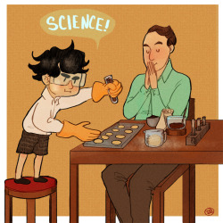missquentin:  another commision from Inchells&gt;; I asked her for some Kid Sherlock doing his version of science and she came up with the brilliant idea of Mycroft taking advantage to get some cookies.  Kidlock Week: Day 2