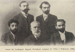 Vernatun members in 1903. Isahakyan,Aghayan, Tumanyan (sitting) and Shant,Demirchian (standing).In 1899, Tumanyan came up with an idea of organizing meetings of Armenian intellectuals of the time at his house on 44 Bebutov Street in Tiflis (present-day
