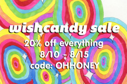 wishcandy:  Blah, blah, blah, flash sale! Help wishcandy get to 1000+ sales, and i’ll giveaway some original art. :-* ♥ 20% off everything! Prints, pins, stickers, new prints &amp; drawings added. 