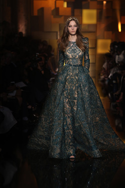 eliesaab:  Deep green mosaic embroidered gown at yesterday’s ELIE SAAB Haute Couture Autumn Winter fashion show.