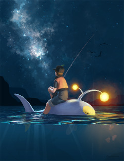 kezrekade:  Even though Lanturn’s sprite doesn’t show up while surfing, I keep imagining Lux and I floating quietly in the starlight. Couldn’t get this scene out of my head, so I had to draw it. Wouldn’t it be cool if Lanturn could light up the