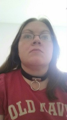 taken113002:  My wife wearing her collar and self gagging with her pink ball gag! 