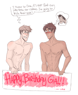 viella-art:  I heard it was theicarustheory&rsquo;s birthday, so I arranged some hot dudes to wish her a happy birthday… naked! They were more than happy to help out :) HAPPY BIRTHDAY SYRUP SISTER! Our old lady gang just got a little bit older haha!