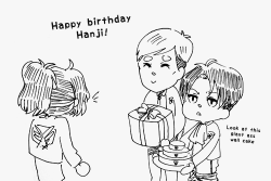 hibana:  09.05 Happy Birthday Hanji! There was supposed to be a part 2 where Hanji cut the cake and there was a titan inside, but it turned out worse than Levi’s drawings. 