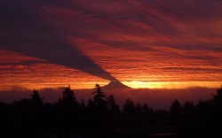 Breaking the dawn (the sun rises behind Mt. Rainier, Washington, casting an enormous shadow along overhanging clouds)