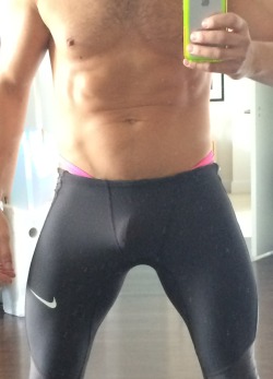 nyctriguy:  Just got these hot new running tights. Gonna take me for a spin with this thong underneath and tight in my ass crack 