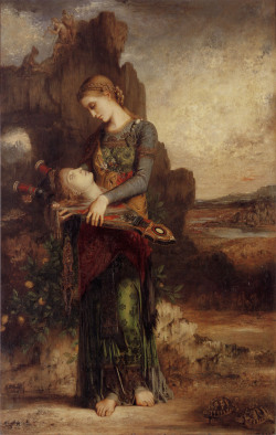 enchantingimagery:  Thracian Girl Carrying the Head of Orpheus on His Lyre by Gustave Moreau (1865) 