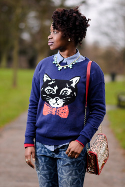 blackfashion:  Sasha, UK, 24 Pussy…cat Jumper and Jeans- Asos Red jumper- Tommy Hilfiger Loafers-Aldo Bag-Fiore Necklace-H&amp;M Photographed by Mario Jones http://shairstyl3.blogspot.co.uk/2013/12/pussycat.html 