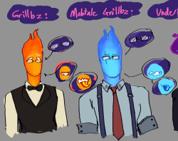 fel-fisk:  bc i draw a fuck tonne of grillby shite with all the different AU grillbys, i decided to do a big drawing of the various hot guys//and yes, normal grillby’s underwear have “hot stuff &lt;3~sans” on the band; they were  gift//FULL IMAGE