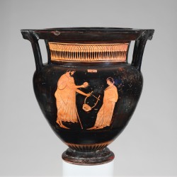 via-appia:  Terracotta column-krater (bowl for mixing wine and water), man offering lyre and ball to boy Greek, Attic, ca. 475–465 B.C.   seems like a good deal to me