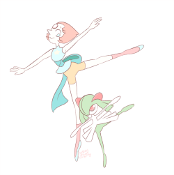 twinflowery:  pearl and kirlia! it was between kirlia and munna, but kirlia hs pearl’s color scheme…i just think munna looks like pearl… i wanna try to do a series of all the gems!! 