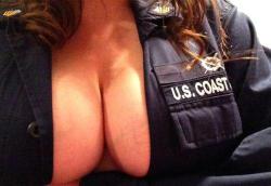 militarysluts:  Coast Guard CPO shows off her big tits under her uniform.