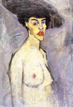 artist-modigliani:  Nude with Hat, Amedeo ModiglianiMedium: oil,canvashttps://www.wikiart.org/en/amedeo-modigliani/nude-with-hat
