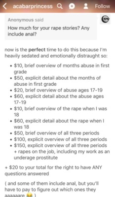 naked-yogi:  midnight-mademoiselle: yungkiitten:   wouldyoukindlynotbegross:  ⚠️ Trigger Warning ⚠️  Selling stories about being raped as a minor is not okay. I understand that she is going through a lot right now. But you cannot sell content