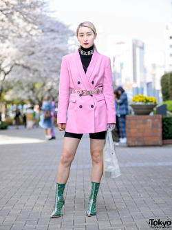 tokyo-fashion:  18-year-old Emile on the street near Bunka Fashion College in Tokyo wearing a pink blazer and biker shorts, clear Yello boots with LV logo socks, a Nana-Nana “Trash Box” tote, Ambush, Pinnap, and Kobinai items. Full Look