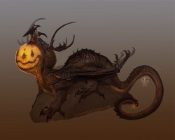 vcreatures:  The Jack O’ lantern drake, also known as the Pumpkin Patch Dragon,   gets it’s name from the striking pattern that adorns it’s inflated  vocal sac. This pattern can come in any number of different “facial  patterns” and is used