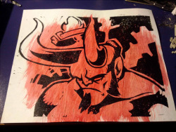 kitatonic:  First upload. I’m starting with a linoleum print I made of HellBoy. One of the more interestingly drawn comic series of our time, at least in my opinion. Acrylic wash over Hot Press paper, then printed with an Oil Base ink!