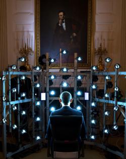 thetallblacknerd:   blazepress:  Obama sitting down for the first 3D presidential portrait photograph in history.  Obama looks like he just found new mutants using Cerebro 